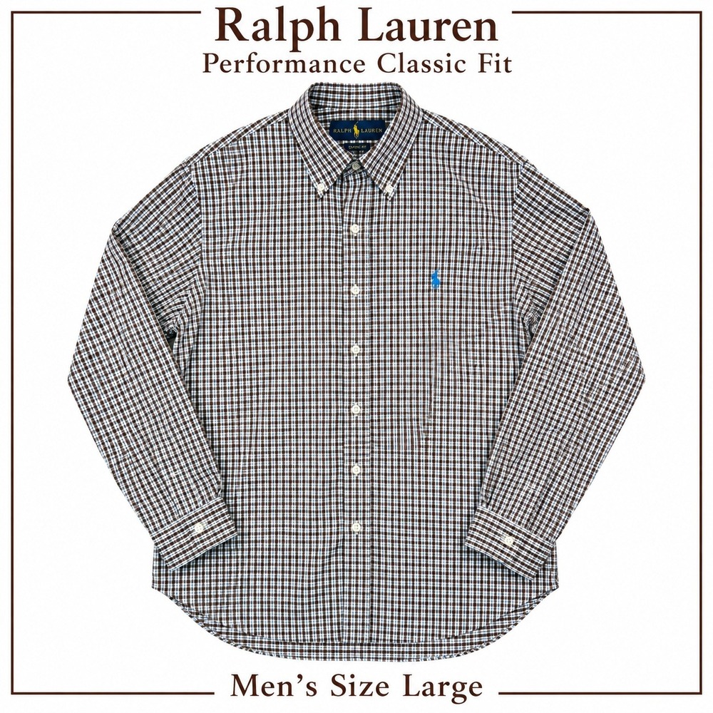 Ralph Lauren Classic Fit Performance Shirt Men L Brown White Check Plaid Preppy